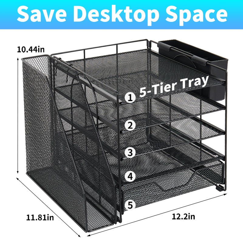 Gugsey Desk Organizer, 5-Tier Paper Letter Tray Organizer with File Holder, Drawer and Pen Holder, Desktop Organizer for Office Supplies, Black - Image 2