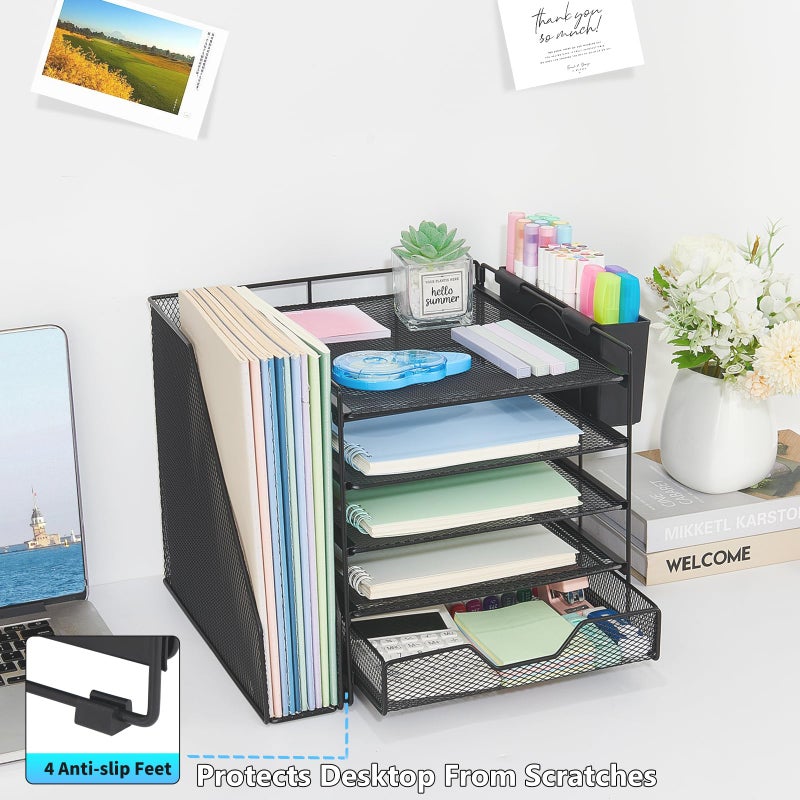 Gugsey Desk Organizer, 5-Tier Paper Letter Tray Organizer with File Holder, Drawer and Pen Holder, Desktop Organizer for Office Supplies, Black - Image 5