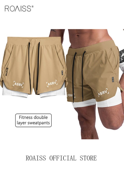 Five-Point Sports Shorts Fake Two-Piece Quick Drying Double Layer Basketball Pants Anti-Light Running Fitness Summer Multi-pocket Squat Quick-Drying Pants Casual Running Elastic Waist Khaki