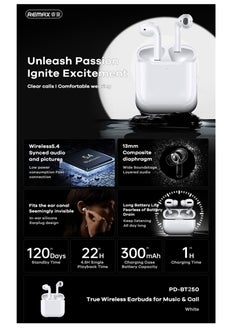 REMAX PD-BT250 True Wireless Bluetooth Headphone Earphone for Music & Call, Earbuds Noise Cancellation, Calling/music 4 hours, Standby 40 hours, Standard Version, White  - Image 2