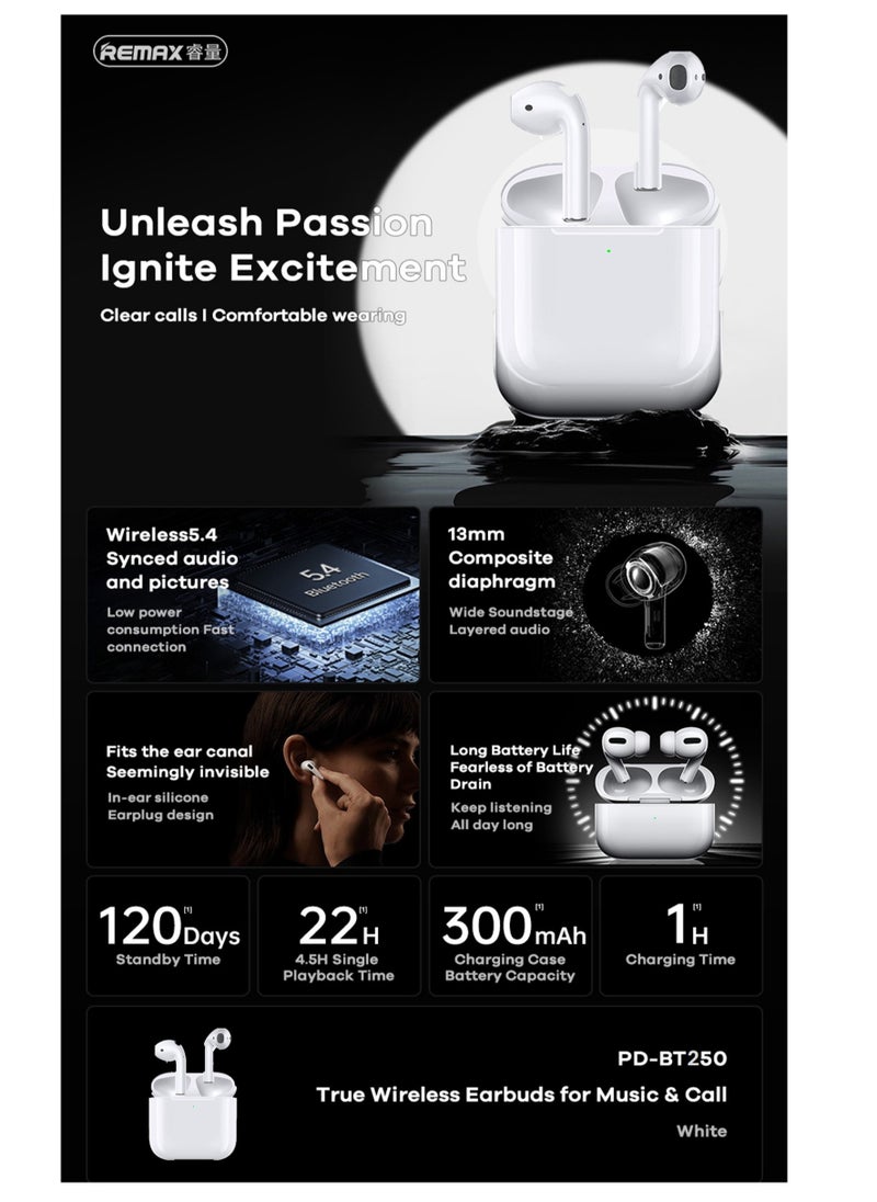 REMAX - PD-BT250 True Wireless Bluetooth Headphone Earphone for Music & Call, Earbuds Noise Cancellation, Calling/music 4 hours, Standby 40 hours, Standard Version, White - Image 1