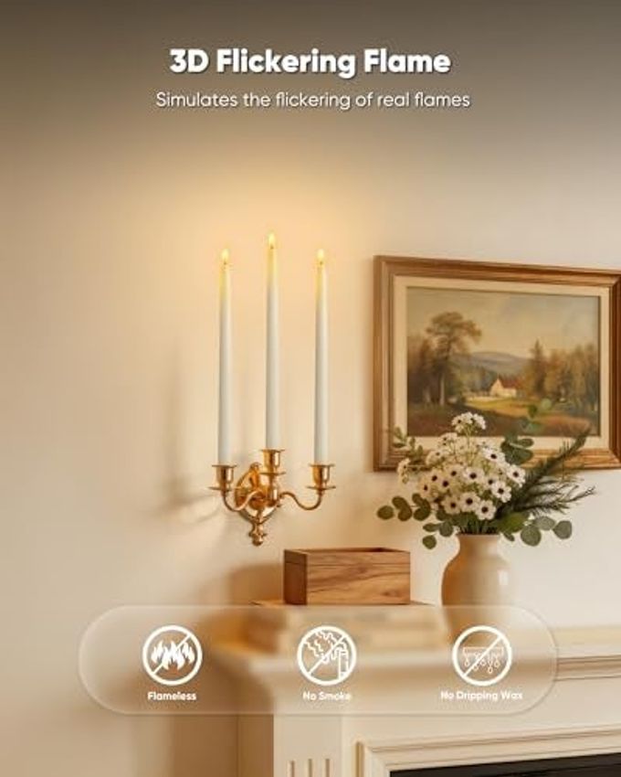Homemory 15 inches Real Wax Flameless Taper Candles with Remote Timer, 6 Pcs White LED Taper Candles Battery Operated with 3D Flickering Flame, Window Candle Led Candlesticks for Dinners Home Decor - Image 2