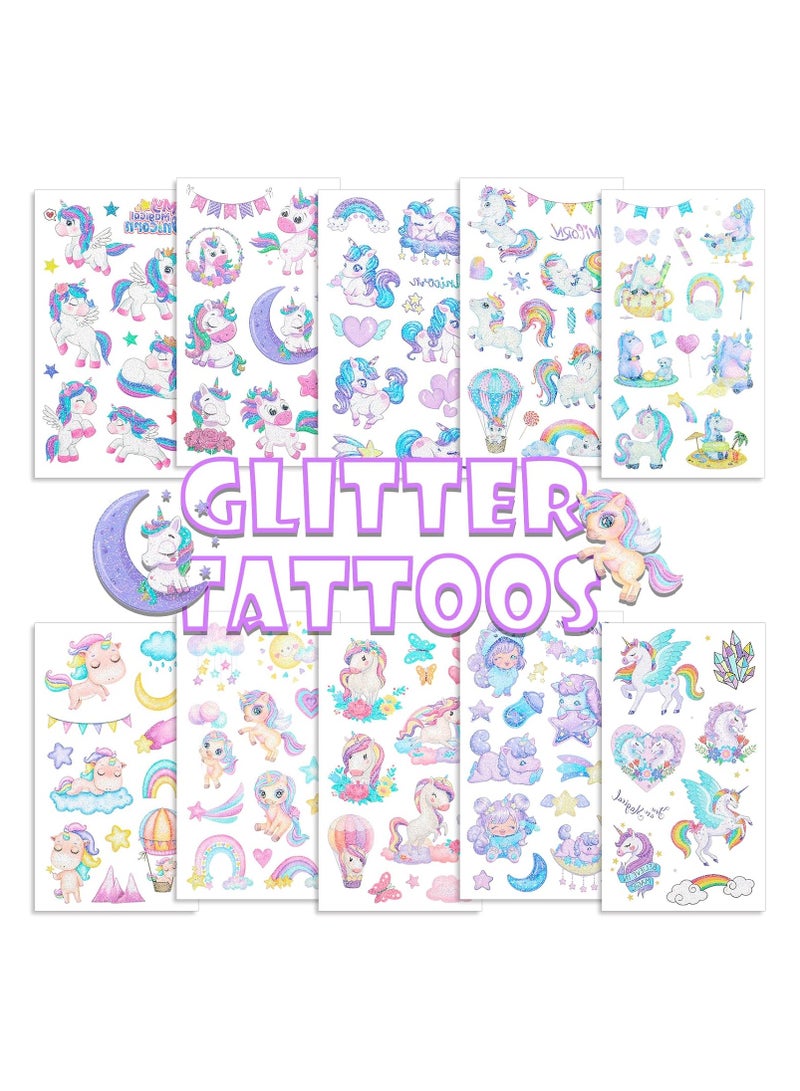 10 sheets Glitter Unicorn Temporary Tattoos Waterproof Glitter Tattoo Stickers Kit Rainbow Princess Unicorn Theme Party Birthday Supplies - Image 1