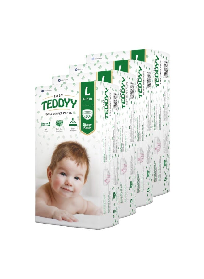 TEDDYY Easy Baby L Size Diaper Pant Style | 30 Count (Large) | 9–14 kg (Pack of 4) | Long Protection Hours | Anti-Bacterial | Airy Breathable Fit | Rapid Soaker Channels with Wetness Indicator