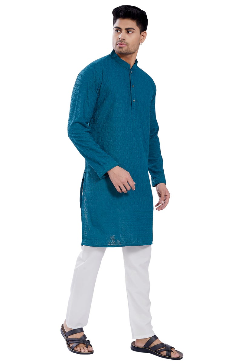 DIVISIVE Men's Thread Embroidered Cotton Blend Only Slim Fit Kurta (DKRT722_XXL_Turquoise) - Image 3