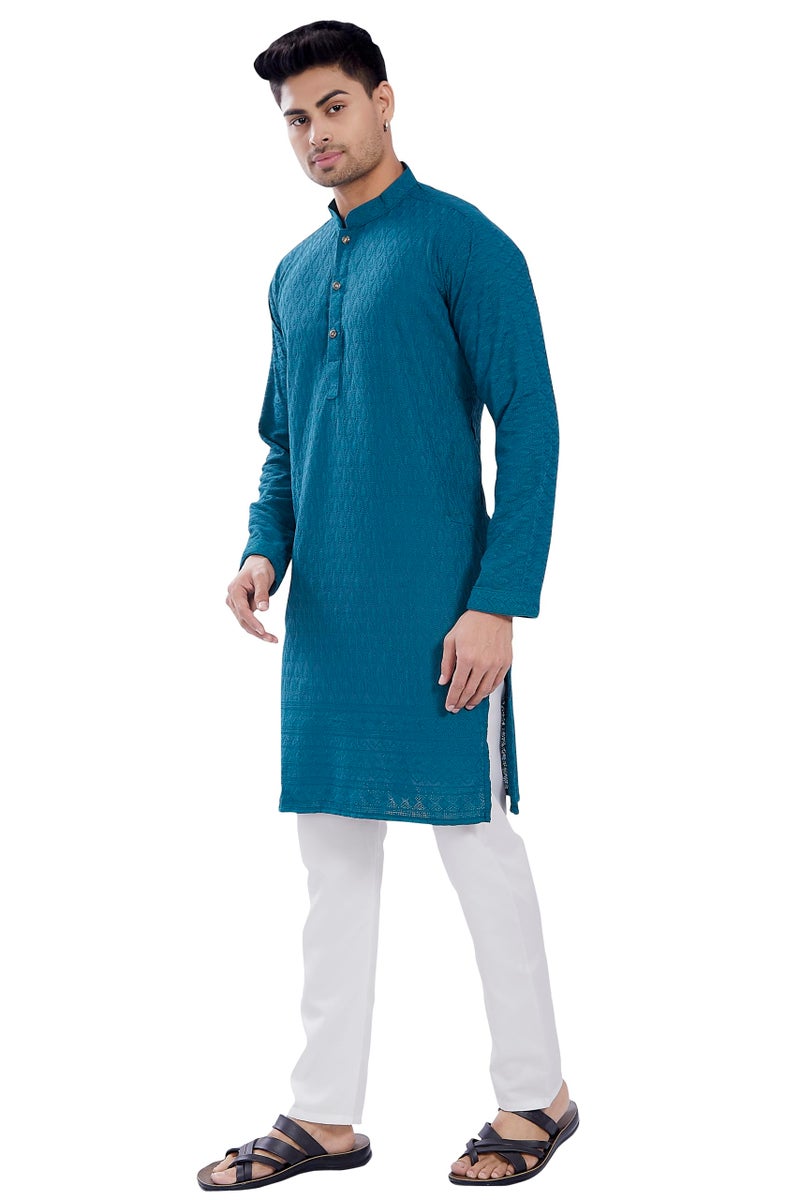 DIVISIVE Men's Thread Embroidered Cotton Blend Only Slim Fit Kurta (DKRT722_XXL_Turquoise) - Image 2