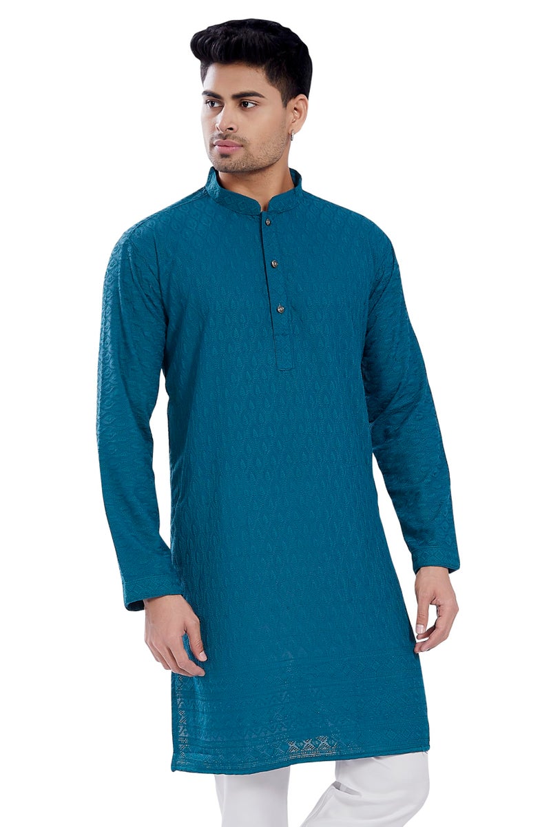 DIVISIVE Men's Thread Embroidered Cotton Blend Only Slim Fit Kurta (DKRT722_XXL_Turquoise) - Image 1