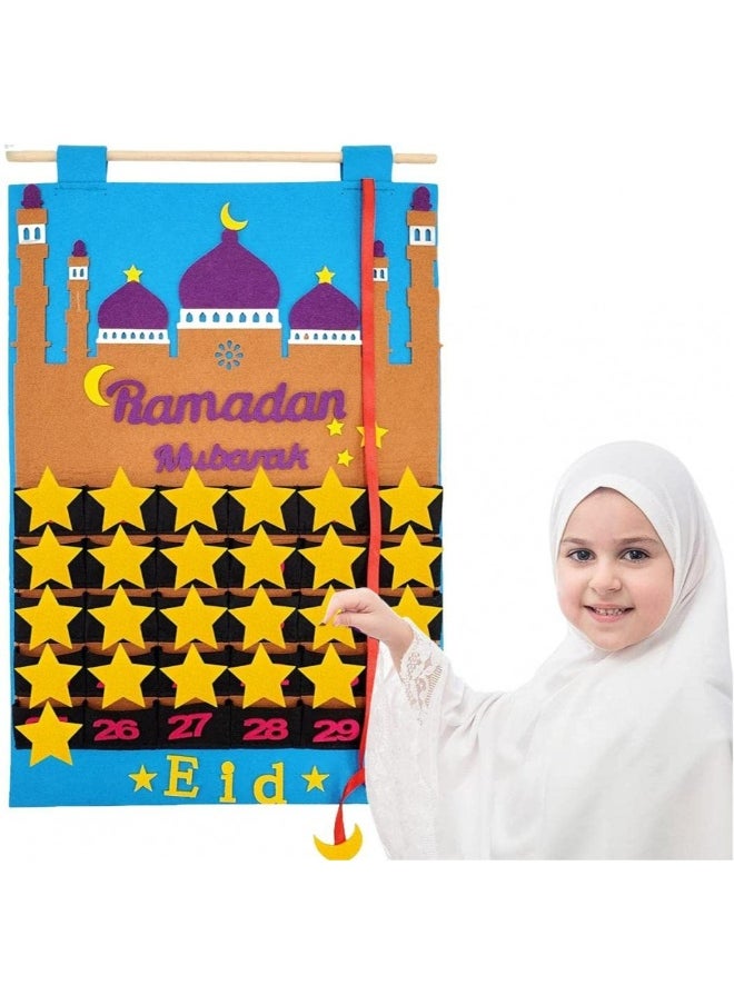 Topleo Felt Ramadan Advent Calendar, Eid Calendar Countdown Calendar Eid Mubarak Hanging Felt for Kids Eid Gifts Home Wall Hanging Ramadan Decorations Ornaments with 30 Reusable Stars  - Image 1