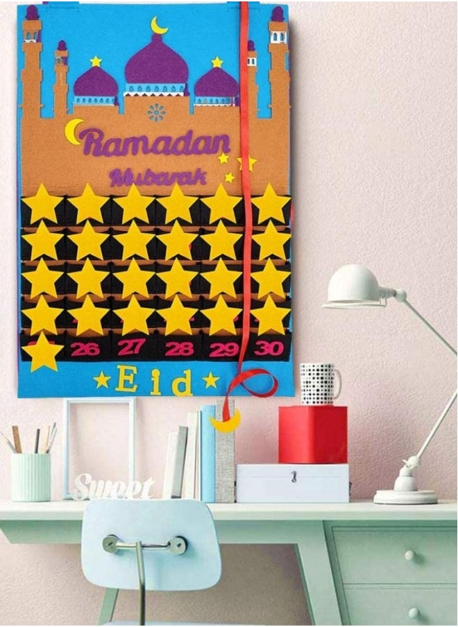 Topleo Felt Ramadan Advent Calendar, Eid Calendar Countdown Calendar Eid Mubarak Hanging Felt for Kids Eid Gifts Home Wall Hanging Ramadan Decorations Ornaments with 30 Reusable Stars  - Image 2