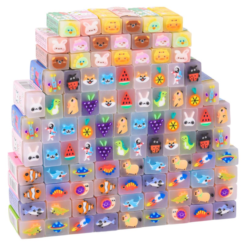 LiYiQ 100-Piece Kawaii Cute Animal Pencil Eraser for Kids, Back to School Supplies, Non-Toxic Rubber, Rectangular - Image 1
