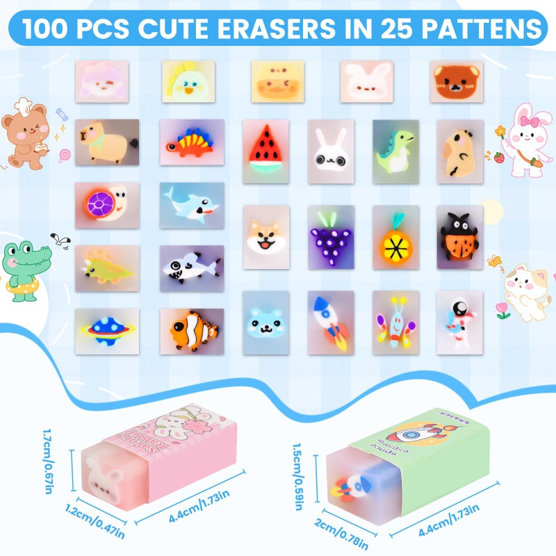 LiYiQ 100-Piece Kawaii Cute Animal Pencil Eraser for Kids, Back to School Supplies, Non-Toxic Rubber, Rectangular - Image 2