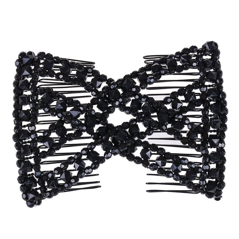 Lovef Easy Magic Hair Beauty Decoration Comb Pearl Stretchy Beaded Hairpin Bow Double Combs Lady in Assorted Color (Black) - Image 1