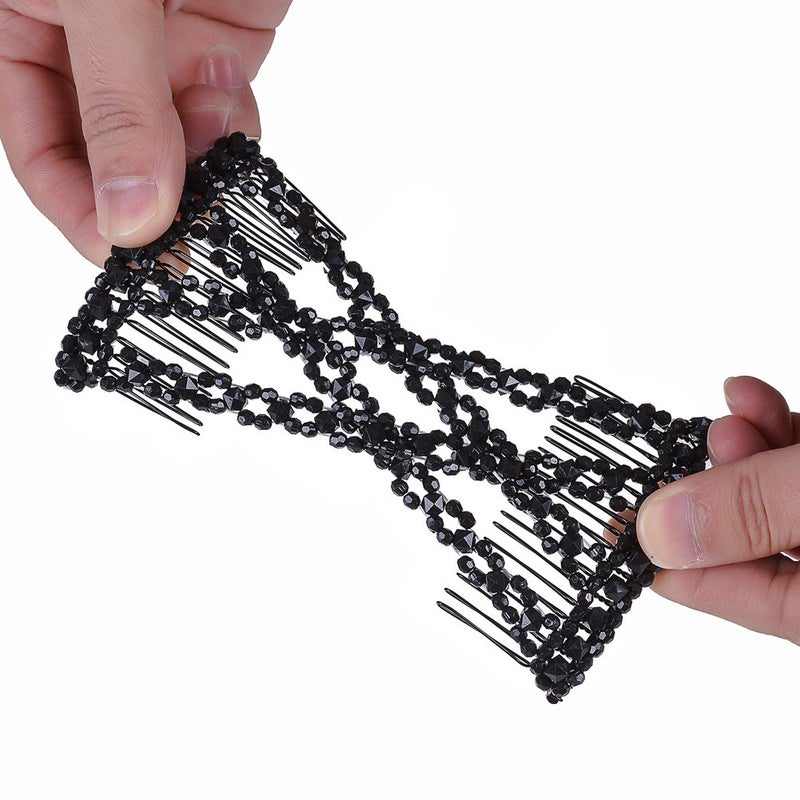 Lovef Easy Magic Hair Beauty Decoration Comb Pearl Stretchy Beaded Hairpin Bow Double Combs Lady in Assorted Color (Black) - Image 2