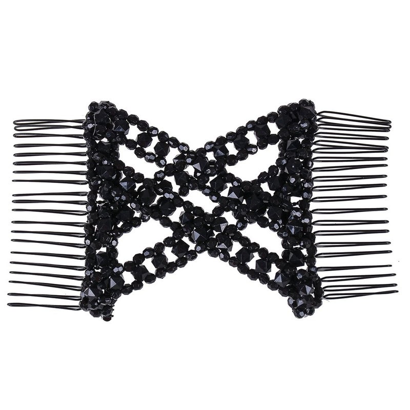 Lovef Easy Magic Hair Beauty Decoration Comb Pearl Stretchy Beaded Hairpin Bow Double Combs Lady in Assorted Color (Black) - Image 4