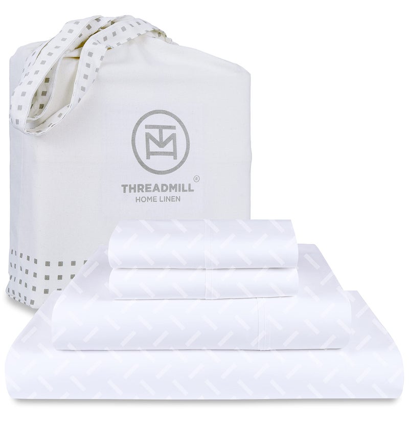 Threadmill 100 Cotton Sheets for King Size Bed  4 Pc King Bed Sheets Set  Soft Breathable Lightweight Damask Sateen for AllSeason Use  Snug Fit Elastic Deep Pocket King Sheets  White