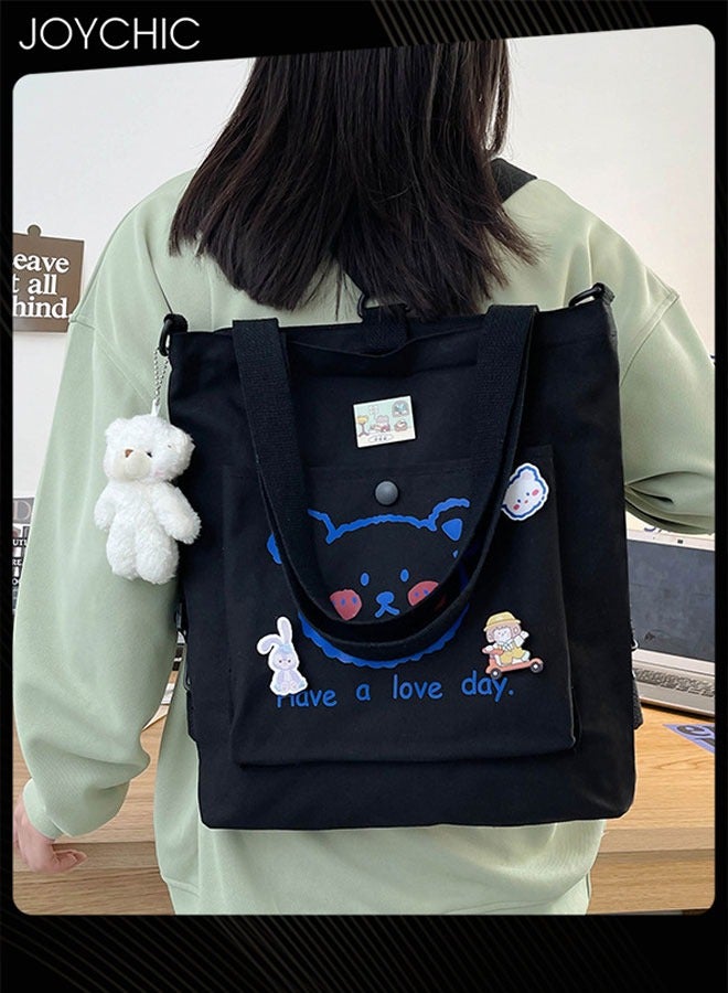 Joychic Lovely Bear Printed Canvas Bag Large Capacity Casual Student Backpack Multifunction School Tote Bag with Cartoon Pendant Black - Image 1