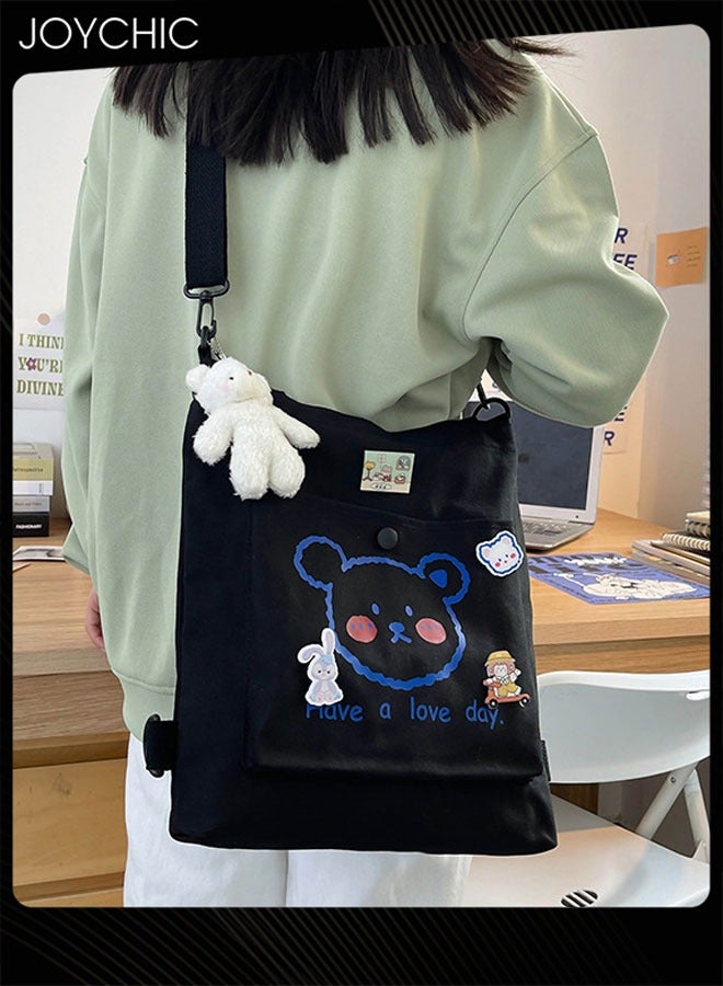 Joychic Lovely Bear Printed Canvas Bag Large Capacity Casual Student Backpack Multifunction School Tote Bag with Cartoon Pendant Black - Image 2