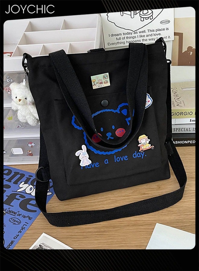 Joychic Lovely Bear Printed Canvas Bag Large Capacity Casual Student Backpack Multifunction School Tote Bag with Cartoon Pendant Black - Image 4