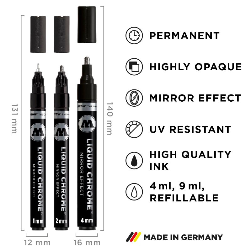 Molotow Liquid Chrome Marker Set of 3 Special Ink with Mirror Effect Line Width 1 mm 2 mm and 4 mm Made in Germany Chrome - Image 3