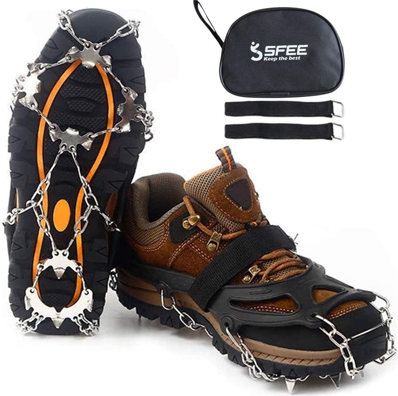 Sfee Ice Snow Grips Crampons Traction Cleats,19 Stainless Steel Spikes for Women Men Kids, Anti Slip Flexible Shoe/Boot Footwear for Walking Climbing Hiking Fishing Outdoor - Image 1