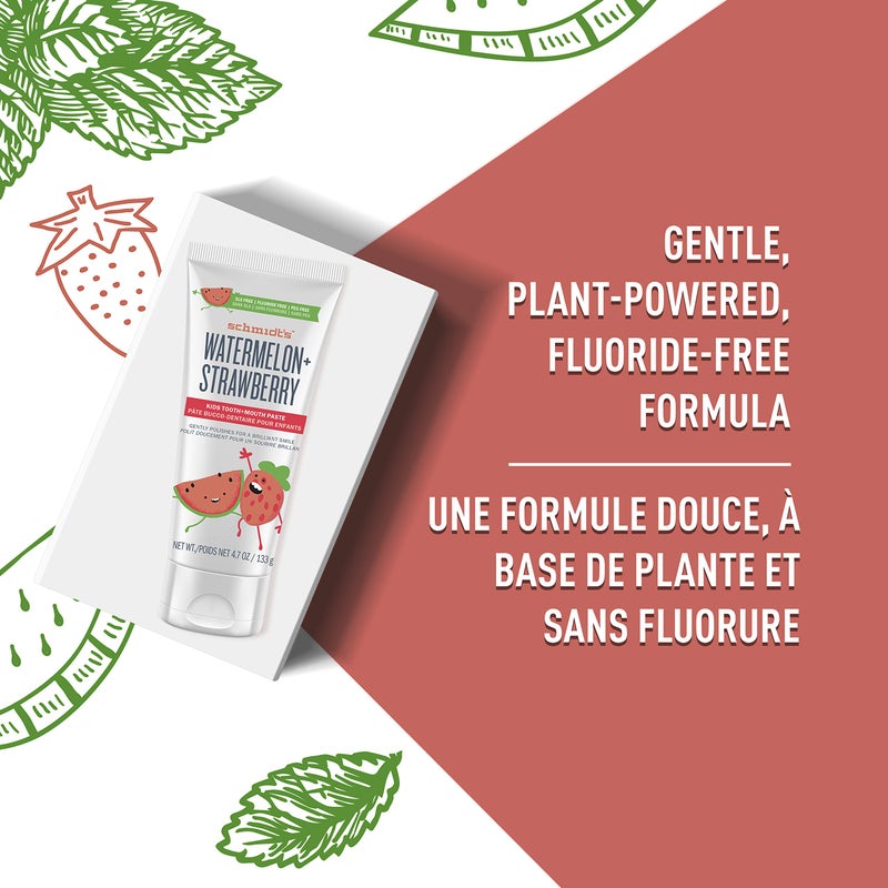 Schmidt's Children's Toothpaste For Clean Teeth, Watermelon + Strawberry, Fluoride Free 4.7 oz 6 Count - Image 2