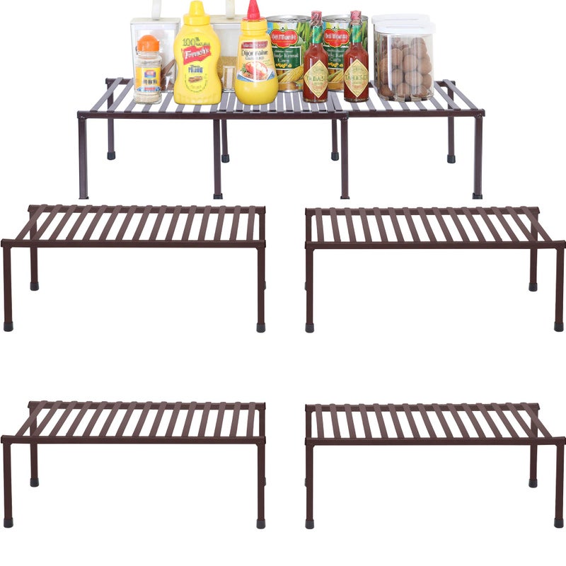 STORAGE MANIAC Set of 4 Expandable Kitchen Rack Wire Shelf Organizer Adjustable Metal Pantry Storage for Plate Dish Cabinets Counter Brown