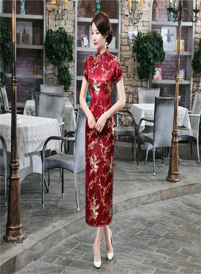 Loquat A Plum Blossom Short Sleeved Long Skirt Wine Red  - Image 3