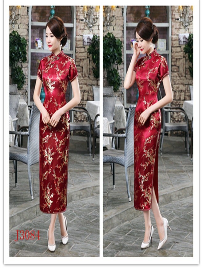 Loquat A Plum Blossom Short Sleeved Long Skirt Wine Red  - Image 2
