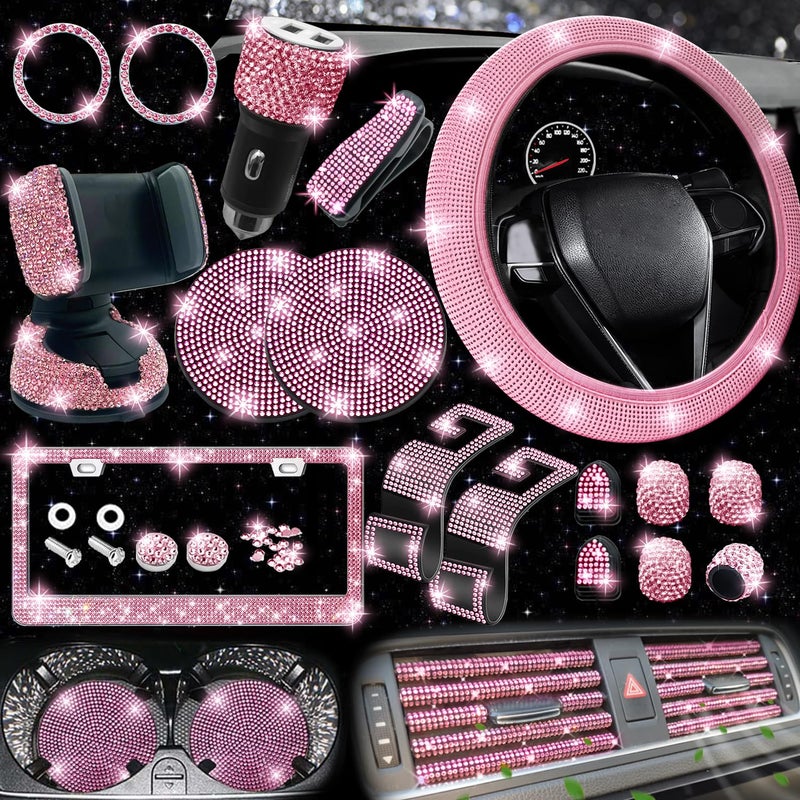 NBTEPEM 27 PCs Pink Bling Car Accessories Set for Women Steering Wheel Covers Universal Fit 15 Inch Bling License Plate Frame Bling Phone Holder Bling Car Coasters Pink Diamond