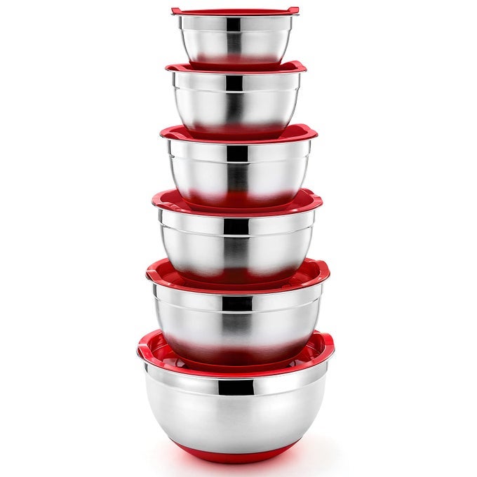 PP CHEF MIXING BOWLS WITH LIDS SET OF 6 STAINLESS STEEL NESTING MIXING BOWLS FITTING LIDS NONSLIP SILICONE BOTTOM IDEAL FOR MIXING STORING SIZE 0711525346 QT RED
