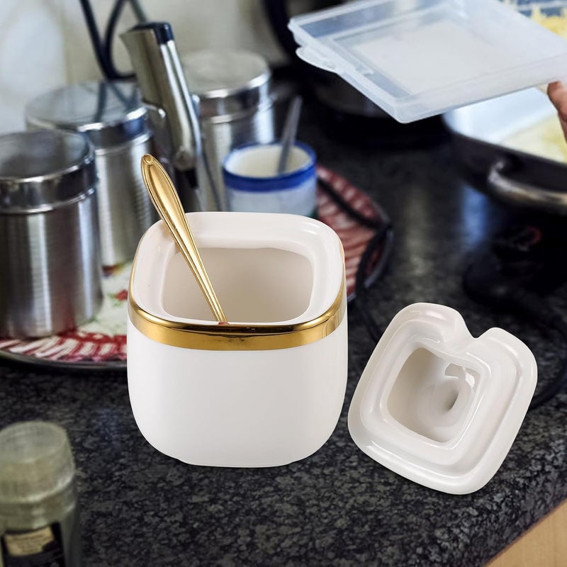 GALPADA Ceramic Seasoning Jar with Spoon White Sugar Condiment Pot Kitchen Storage Container Porcelain Spice Holder for Home Dining and Cooking - Image 4