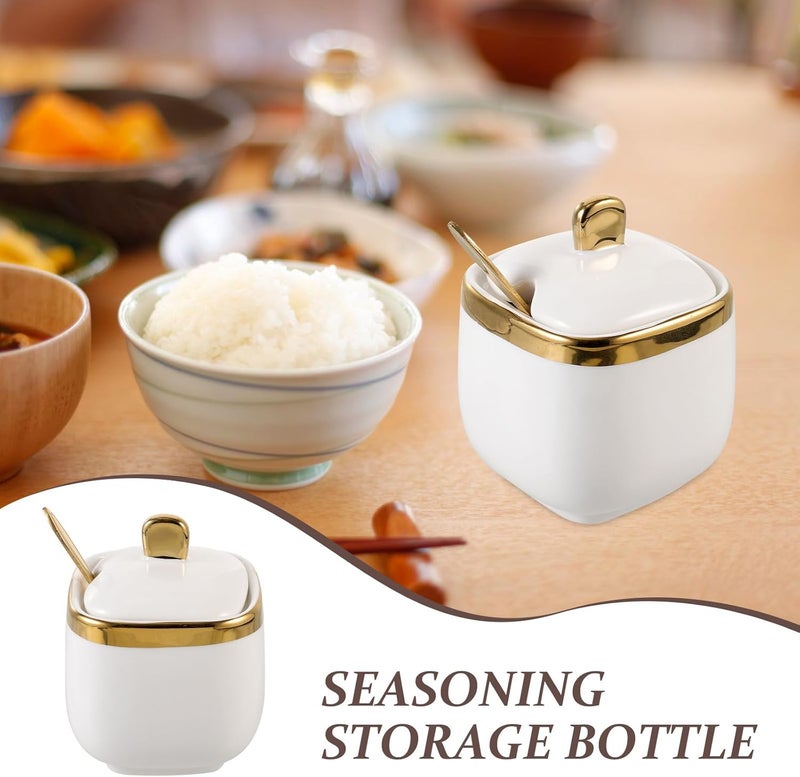 GALPADA Ceramic Seasoning Jar with Spoon White Sugar Condiment Pot Kitchen Storage Container Porcelain Spice Holder for Home Dining and Cooking - Image 3