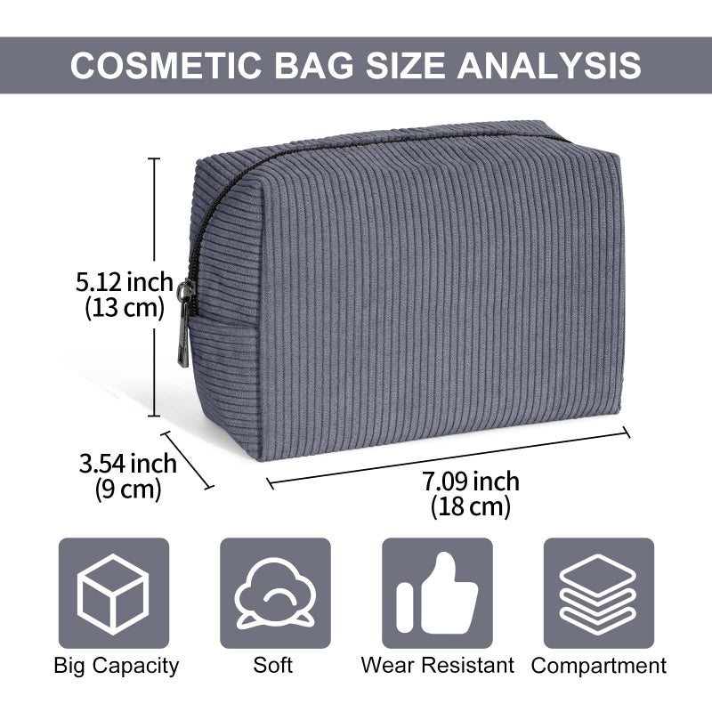 MAANGE Small Makeup Bag For Purse, Travel Cosmetic Bag Makeup Pouch Corduroy Portable Versatile Zipper Pouch For Women(GRAY) - Image 2