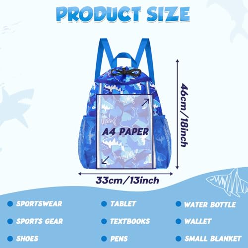 WAWSAM Kids Gym Drawstring Backpack String Bag Shark Sports Gym Bag for Kids Boys Waterproof Swimming Beach String Cinch Backpack with Two Water Bottle Pocket - Image 3