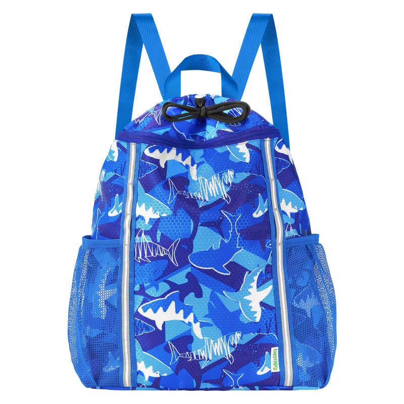 WAWSAM Kids Gym Drawstring Backpack String Bag Shark Sports Gym Bag for Kids Boys Waterproof Swimming Beach String Cinch Backpack with Two Water Bottle Pocket - Image 2