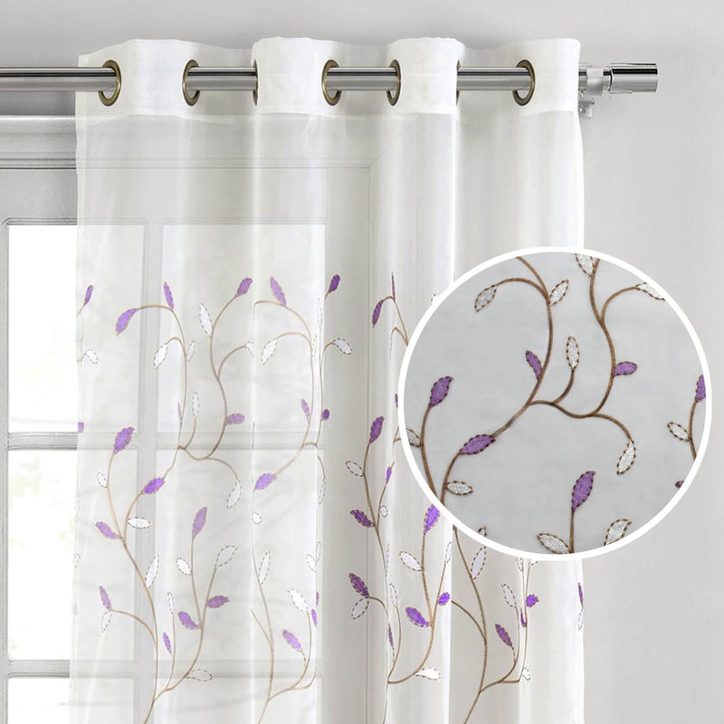 Creative Home Ideas Wavy Leaves, Embroidered Window Curtain with Grommets, Extra Wide Single Panel, 100% Polyester, Light Filtering, Sheer, Modern Drapes, 54" x 84", Lilac - Image 1