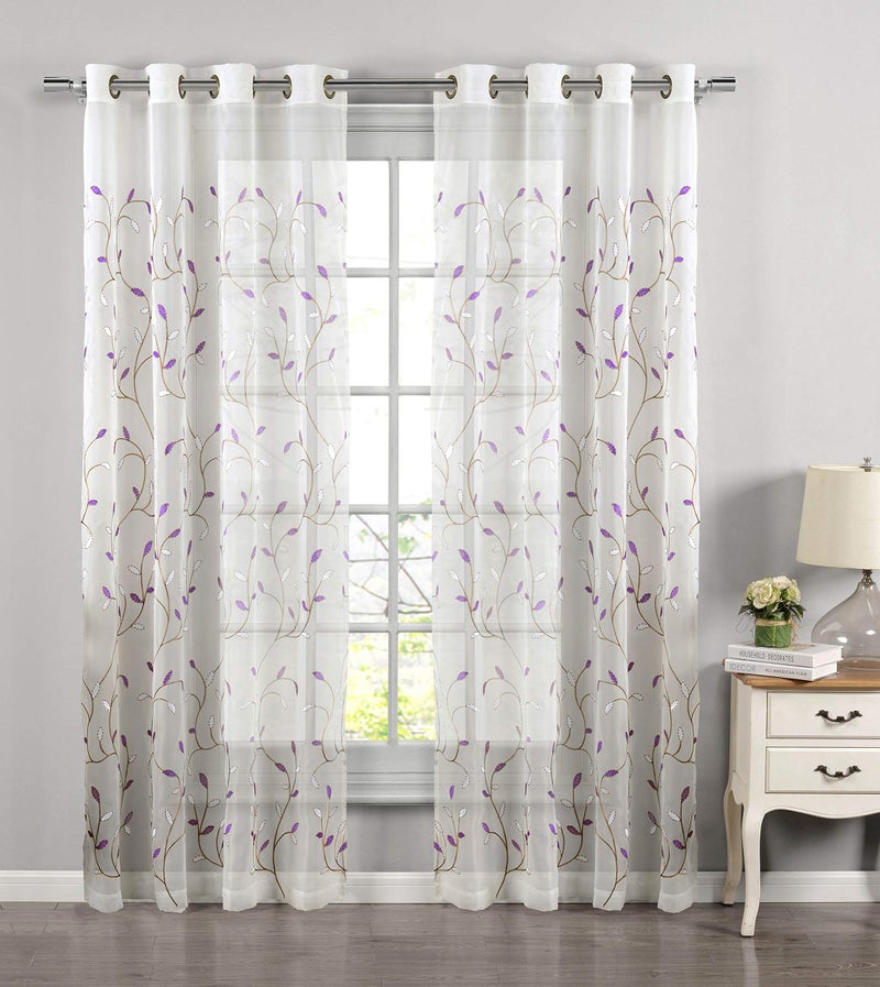 Creative Home Ideas Wavy Leaves, Embroidered Window Curtain with Grommets, Extra Wide Single Panel, 100% Polyester, Light Filtering, Sheer, Modern Drapes, 54" x 84", Lilac - Image 2