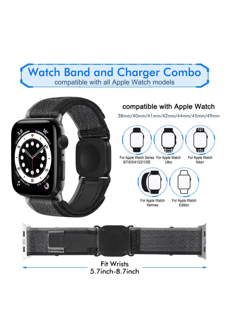 Sport Loop Nylon Band with Portable Wireless Charger 2-in-1 for Apple Watch 38mm - 49mm, Elastic Braided Strap Compatible with Series 8, 7, 6, 5, 4, 3, 2, 1, SE, and Ultra for Men and Women. - Image 3
