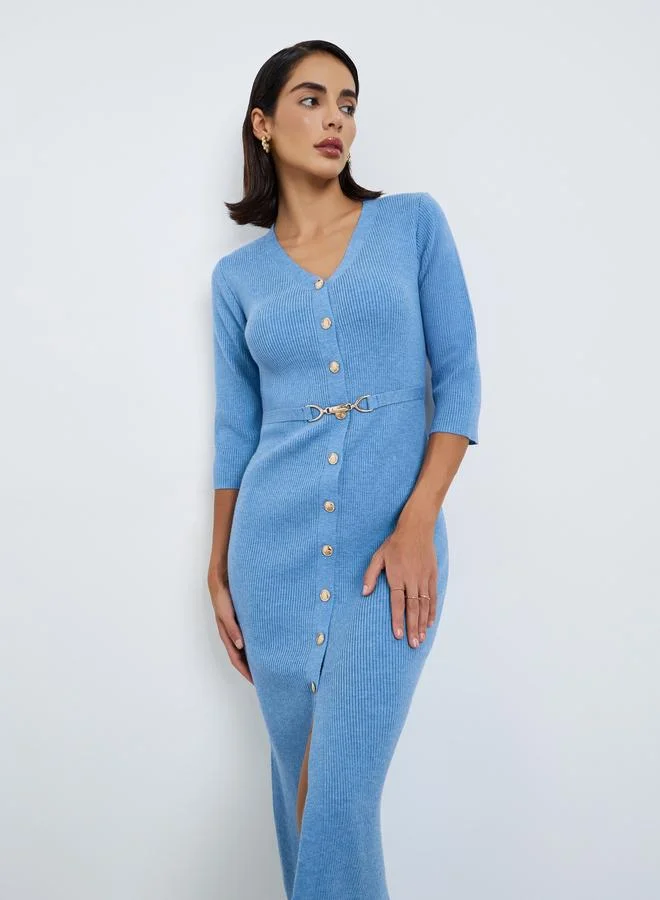 Styli Blue Ribbed Knit Sweater Midi Dress with Belt