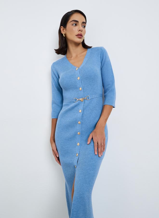 Styli Blue Ribbed Knit Sweater Midi Dress with Belt - Image 3