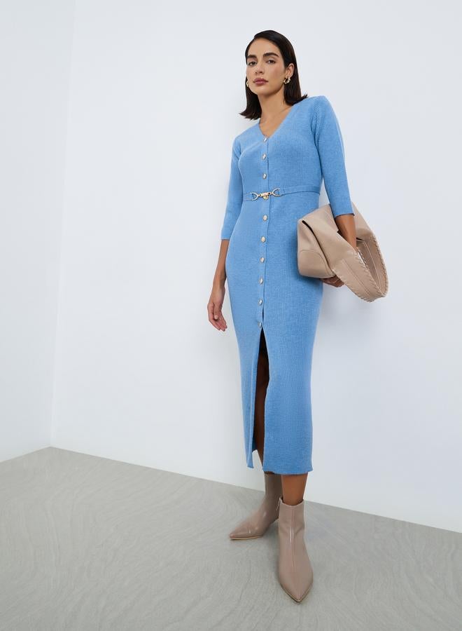 Styli Blue Ribbed Knit Sweater Midi Dress with Belt - Image 2
