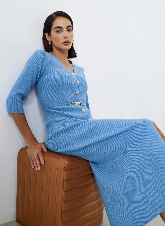 Blue Ribbed Knit Sweater Midi Dress with Belt