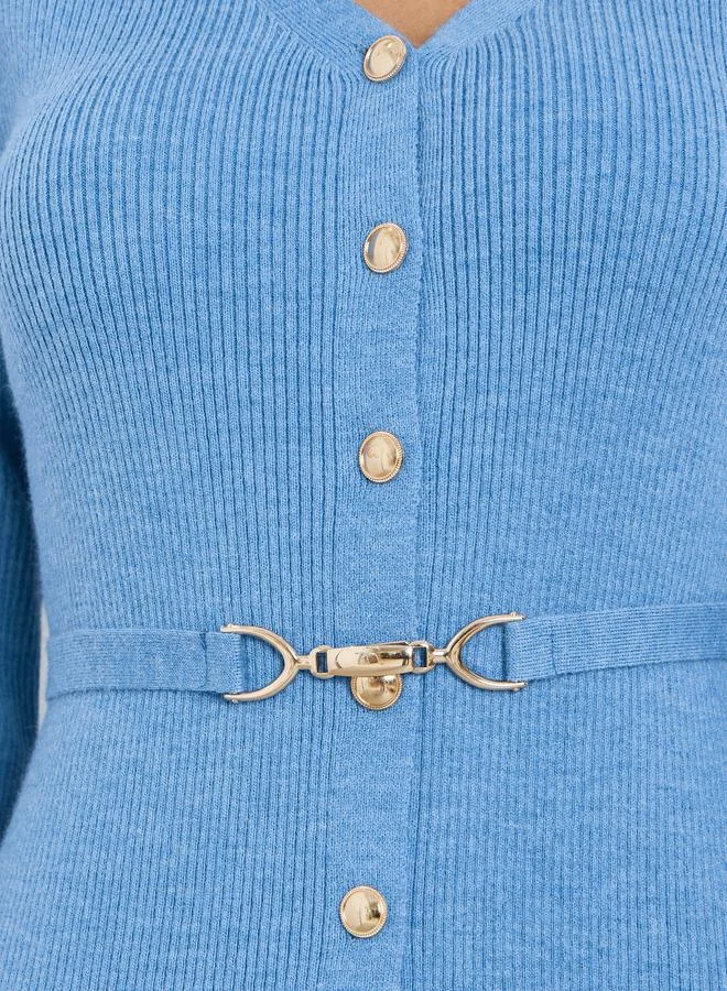 Styli Blue Ribbed Knit Sweater Midi Dress with Belt