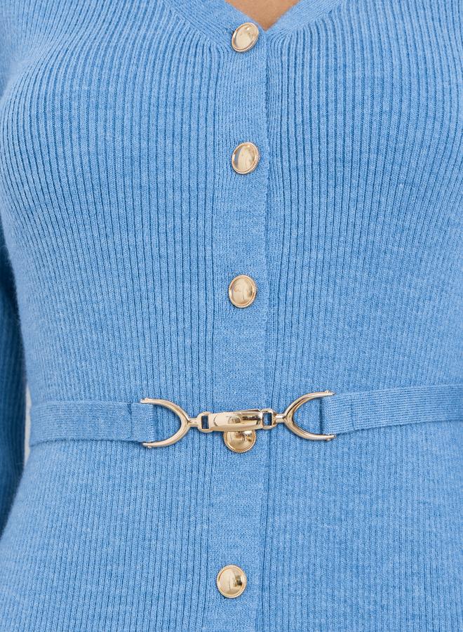 Styli Blue Ribbed Knit Sweater Midi Dress with Belt - Image 4