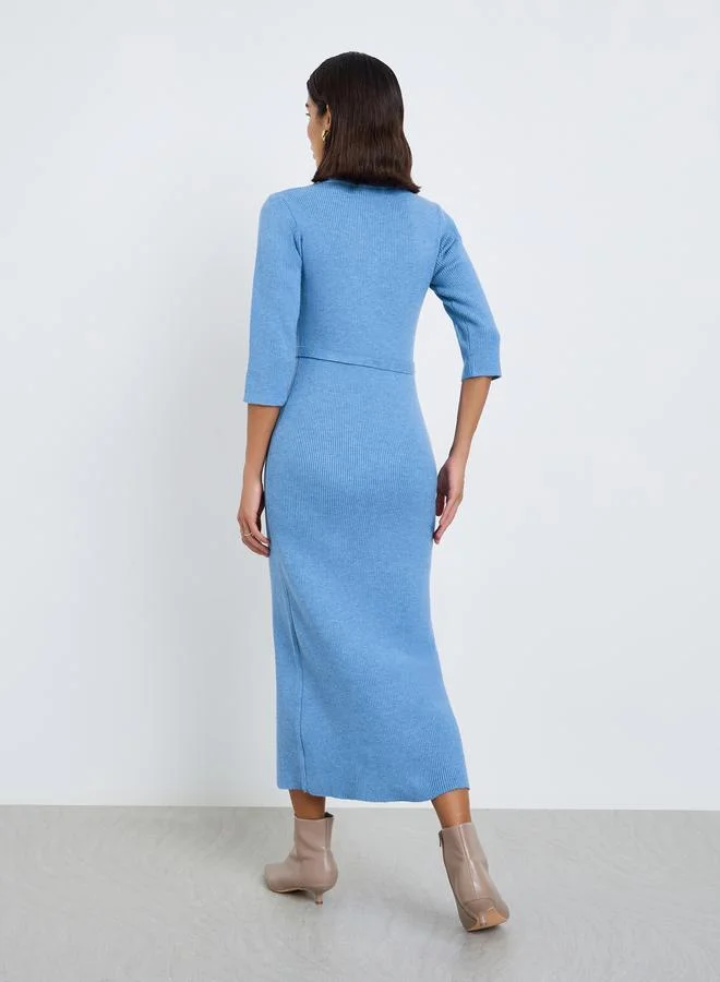 Styli Blue Ribbed Knit Sweater Midi Dress with Belt