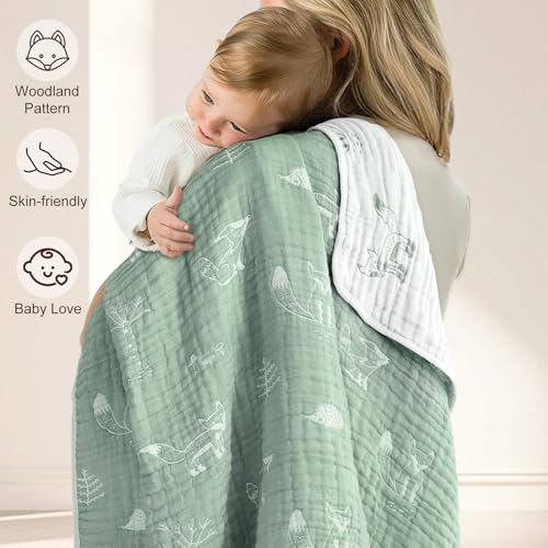 BOPRIO Muslin Baby Blankets for Baby Infant Toddler 70 Cotton and 30 Rayon with Animal Design Super Soft and Lightweight Nursery Blankets 43 x 43 Inch Sage Green Fox - Image 3