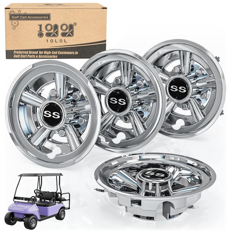 10L0L Golf Cart SS Wheel Covers Hub Caps for EZGO, Club Car, Yamaha - 8 Inch Snap-on Installation, Chrome, Set of 4 - Image 1