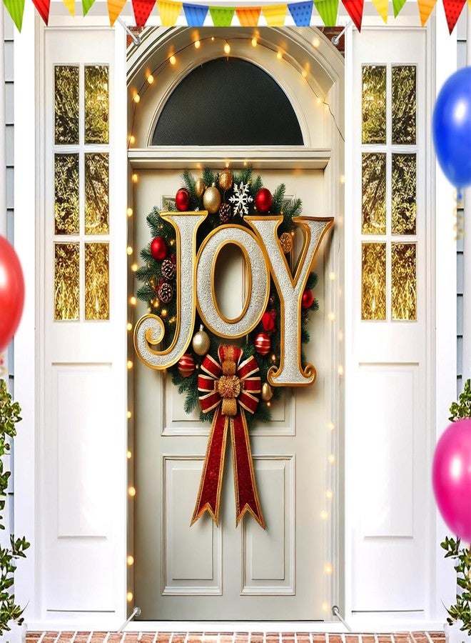 BlissYard JOY Christmas Door Cover Banner 35x71 Inch Holiday Wall Hanging with Oversized Letters Red Gold Ornaments and Bow for Front Porch Indoor Outdoor Xmas Decoration Party Photo Backdrop - Image 2
