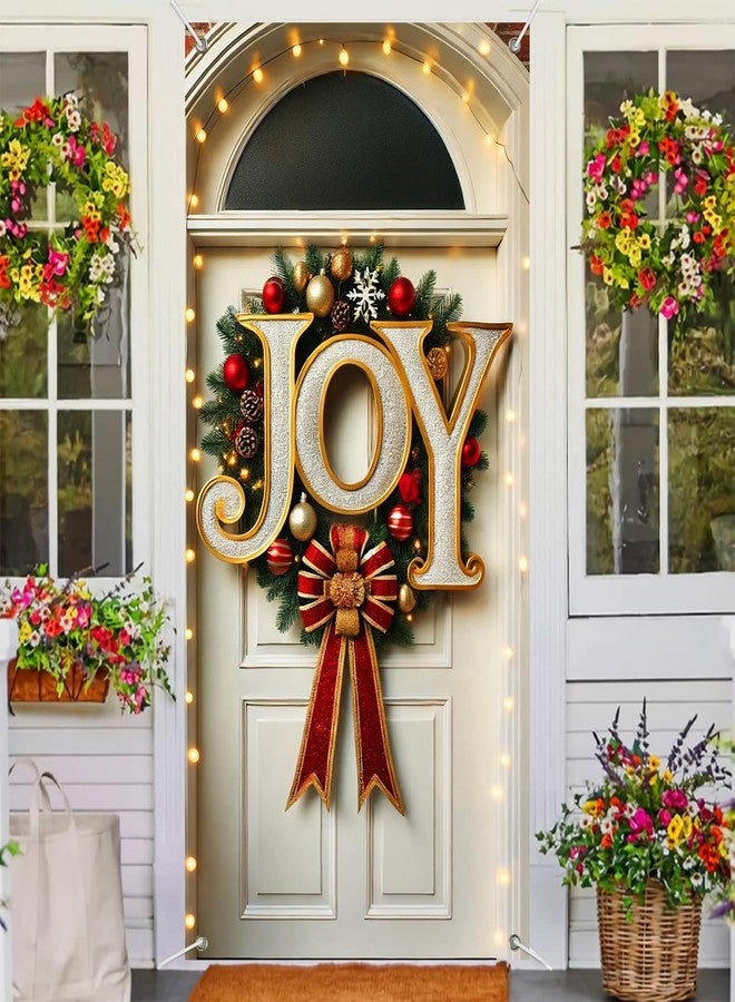 BlissYard JOY Christmas Door Cover Banner 35x71 Inch Holiday Wall Hanging with Oversized Letters Red Gold Ornaments and Bow for Front Porch Indoor Outdoor Xmas Decoration Party Photo Backdrop - Image 4