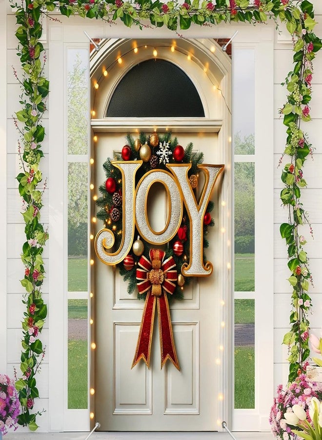 BlissYard JOY Christmas Door Cover Banner 35x71 Inch Holiday Wall Hanging with Oversized Letters Red Gold Ornaments and Bow for Front Porch Indoor Outdoor Xmas Decoration Party Photo Backdrop - Image 5